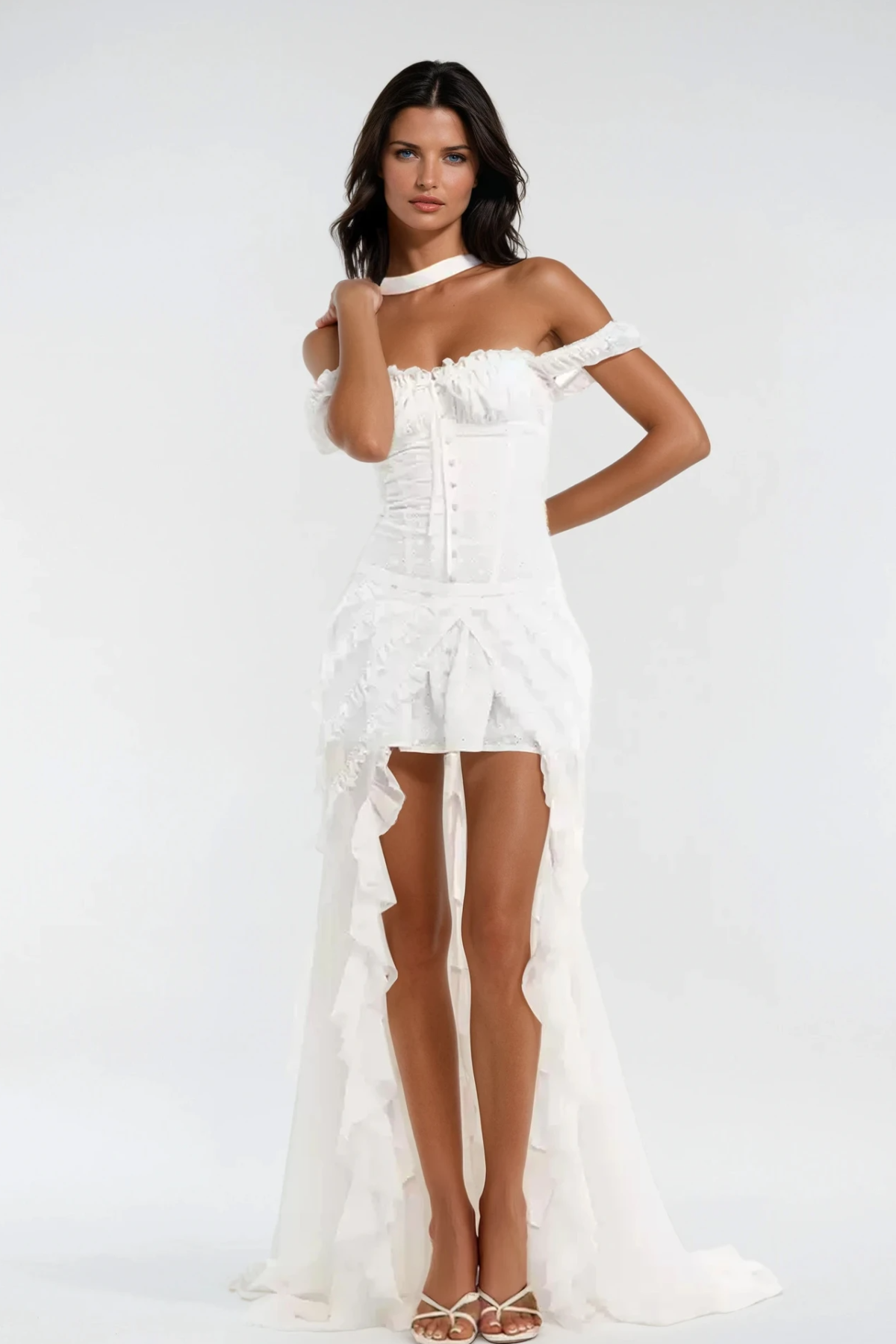 Off Shoulder Eyelet Lace Corset Button Front Ruffle Mini Dress 5