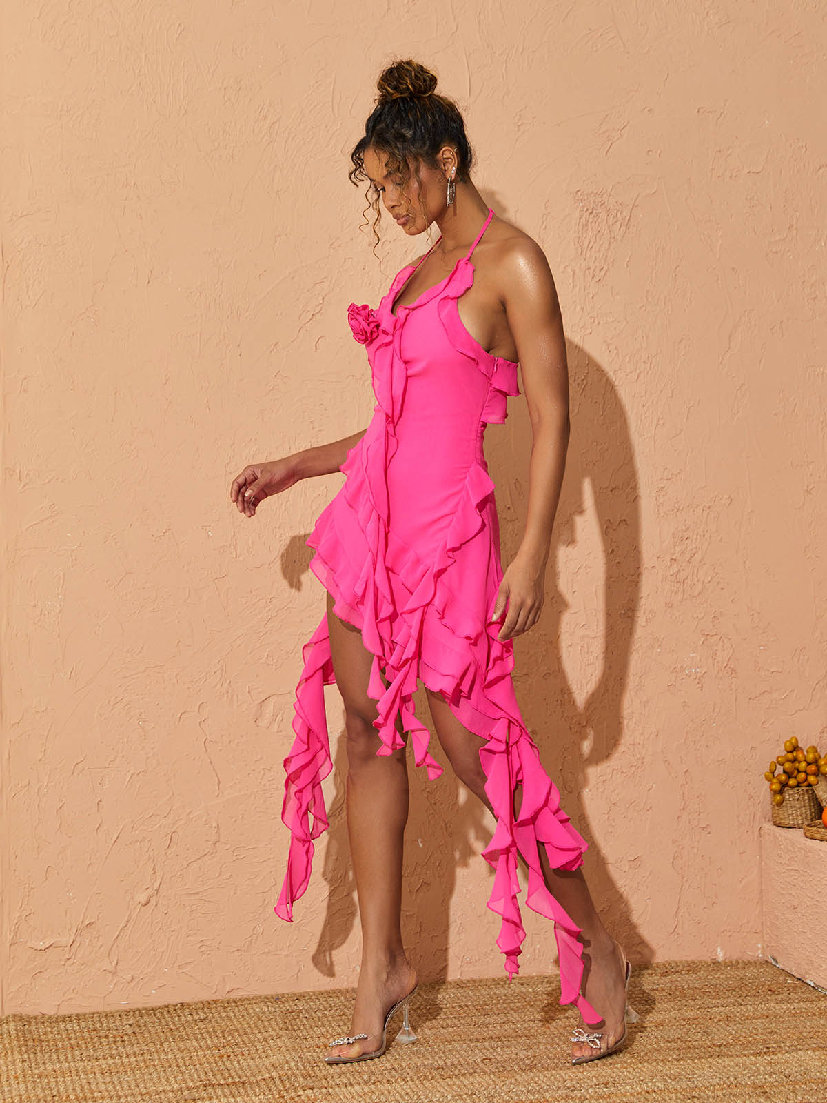 Halter Neck 3D Rosette Ruffle Cascade Asymmetric Hem Mini Dress 4