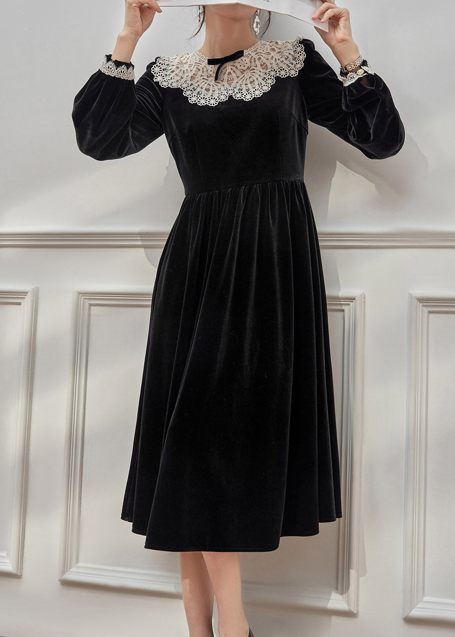 Round Neck Oversized Lace Collar Bow Detail Gathered Waist Velvet Maxi Dress 2