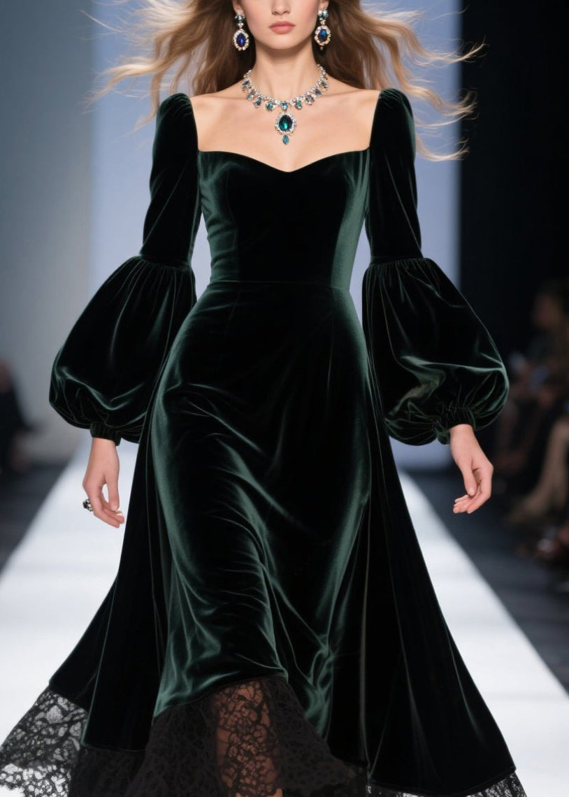 Sweetheart Neck Lantern Sleeve Lace Trim Scalloped Hem Velvet Midi Gown 2