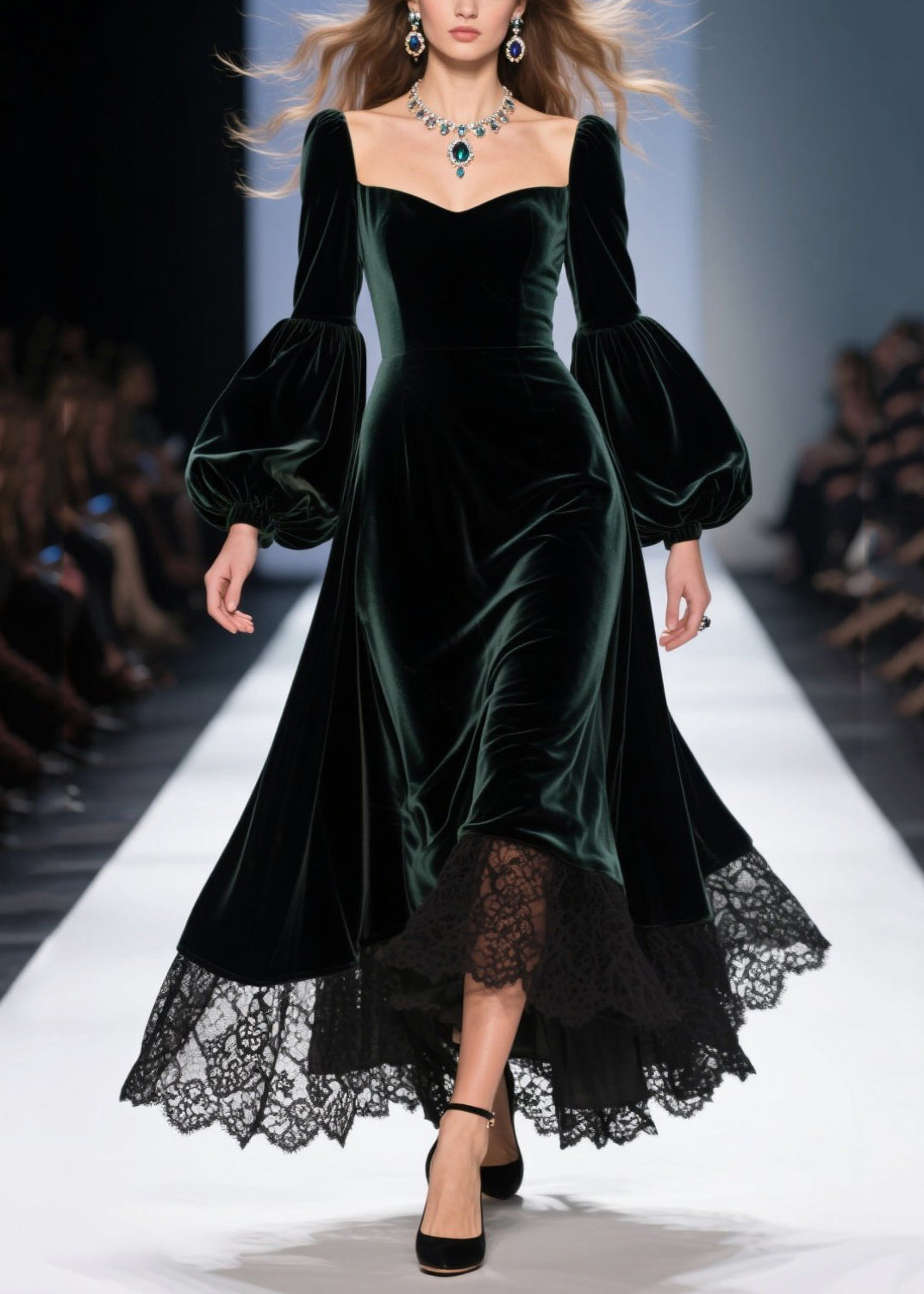 Sweetheart Neck Lantern Sleeve Lace Trim Scalloped Hem Velvet Midi Gown 3