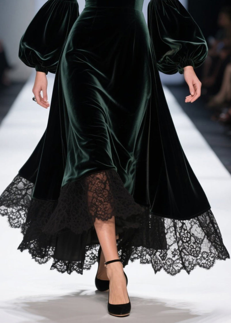 Sweetheart Neck Lantern Sleeve Lace Trim Scalloped Hem Velvet Midi Gown 4