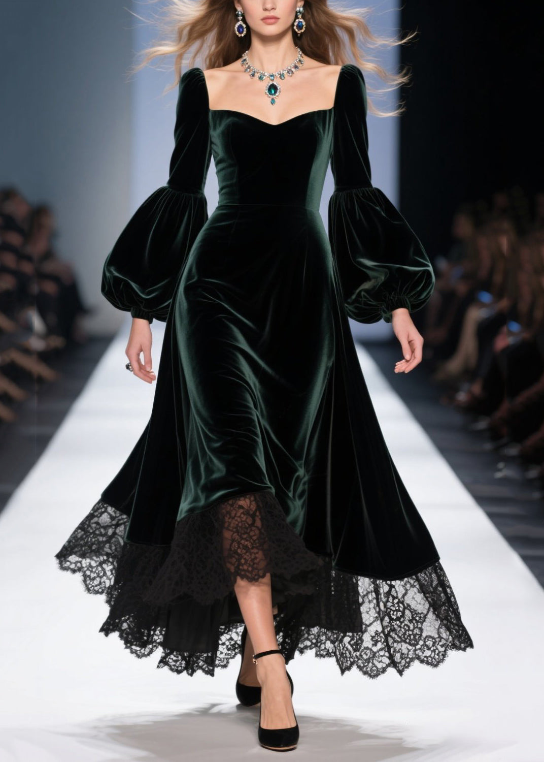 Sweetheart Neck Lantern Sleeve Lace Trim Scalloped Hem Velvet Midi Gown 5