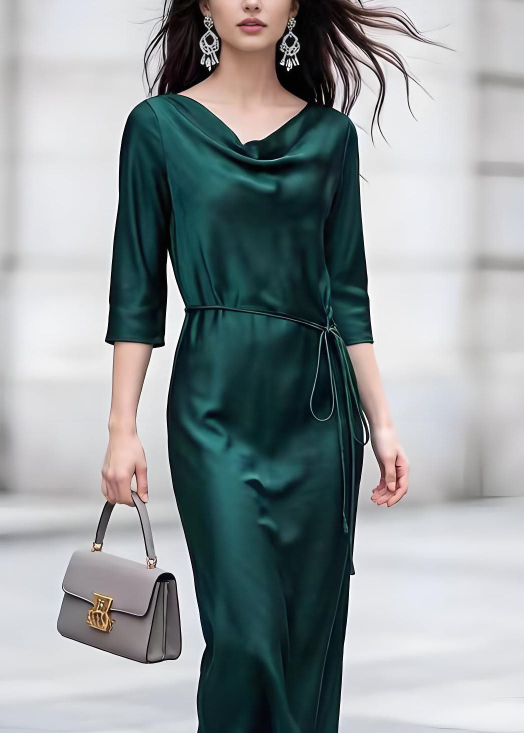 Cowl Neck Three-Quarter Sleeve Tie Waist Satin Midi Dress 2