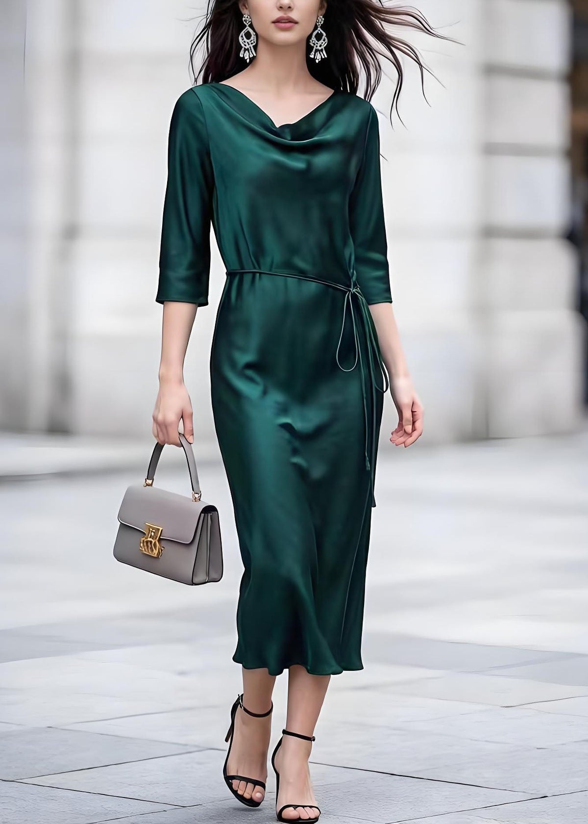 Cowl Neck Three-Quarter Sleeve Tie Waist Satin Midi Dress 5