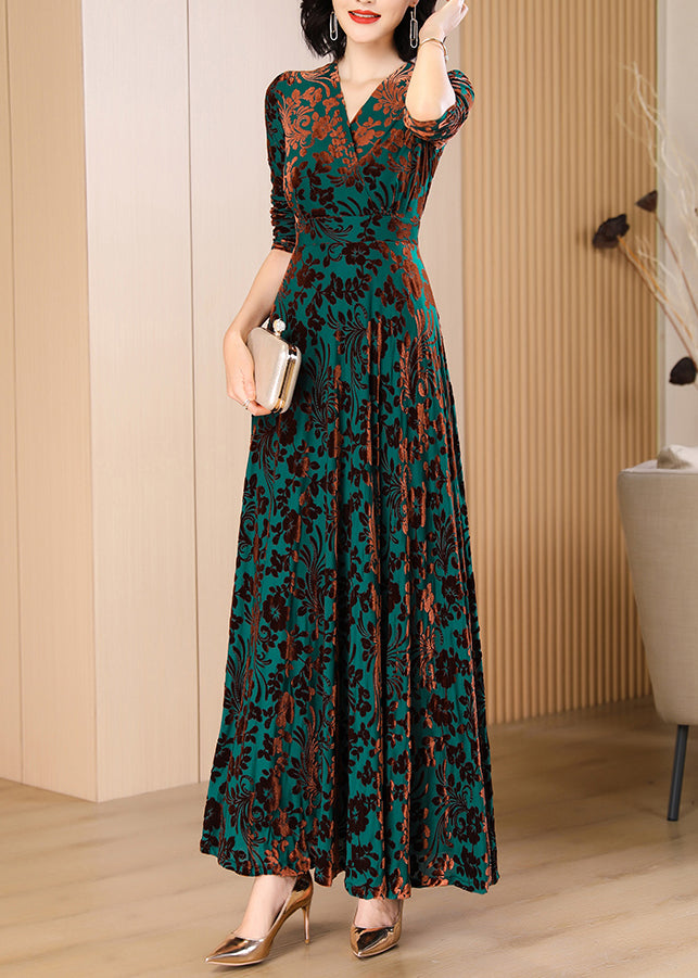 Surplice V-Neck Three-Quarter Sleeve Floral Burnout Pleated Full Skirt Gown 2
