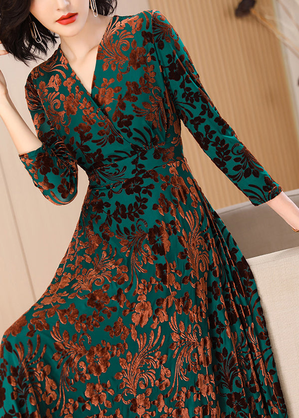 Surplice V-Neck Three-Quarter Sleeve Floral Burnout Pleated Full Skirt Gown 5