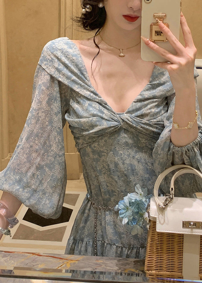Deep V Ruched Bodice Balloon Sleeve Chain Belt Floral Maxi Dress 5