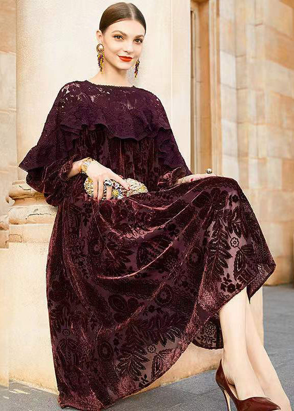 Crew Neck Lace Overlay Burnout Floral Bishop Sleeve Velvet Maxi Dress