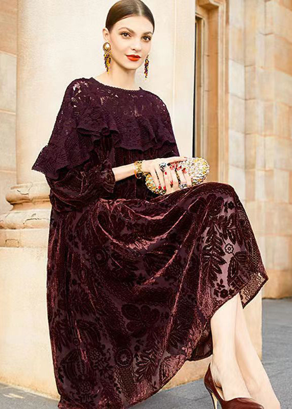 Crew Neck Lace Overlay Burnout Floral Bishop Sleeve Velvet Maxi Dress 2