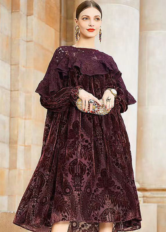 Crew Neck Lace Overlay Burnout Floral Bishop Sleeve Velvet Maxi Dress 3