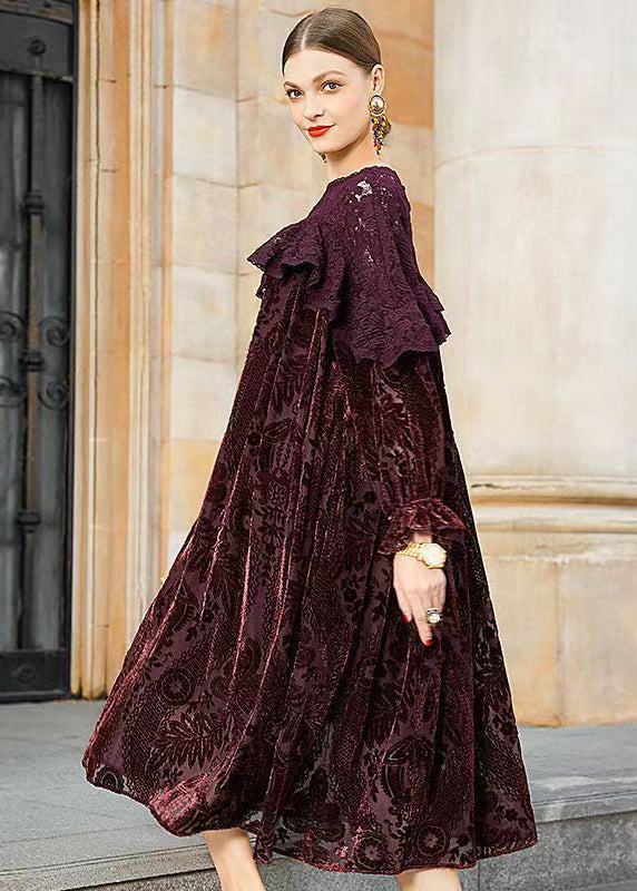 Crew Neck Lace Overlay Burnout Floral Bishop Sleeve Velvet Maxi Dress 4