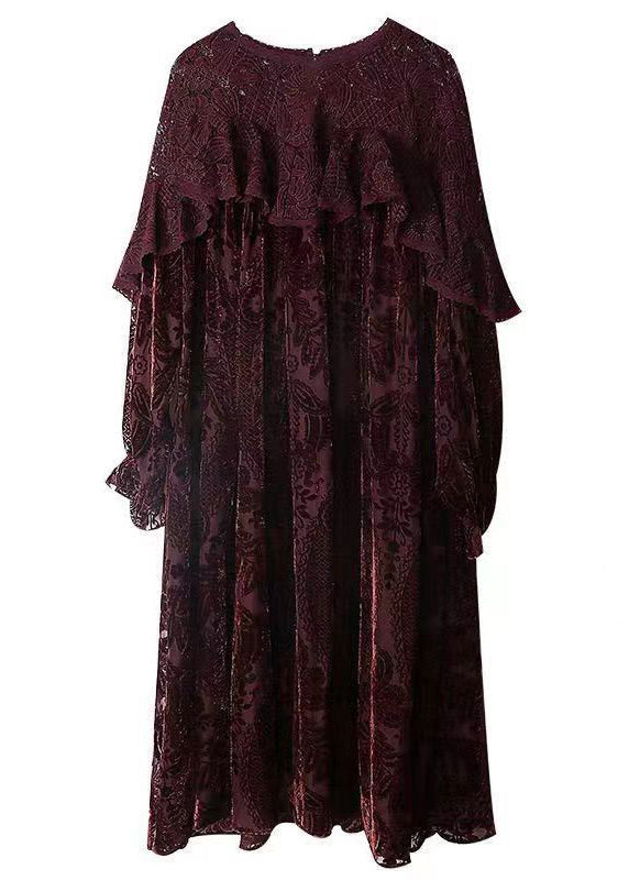 Crew Neck Lace Overlay Burnout Floral Bishop Sleeve Velvet Maxi Dress 5