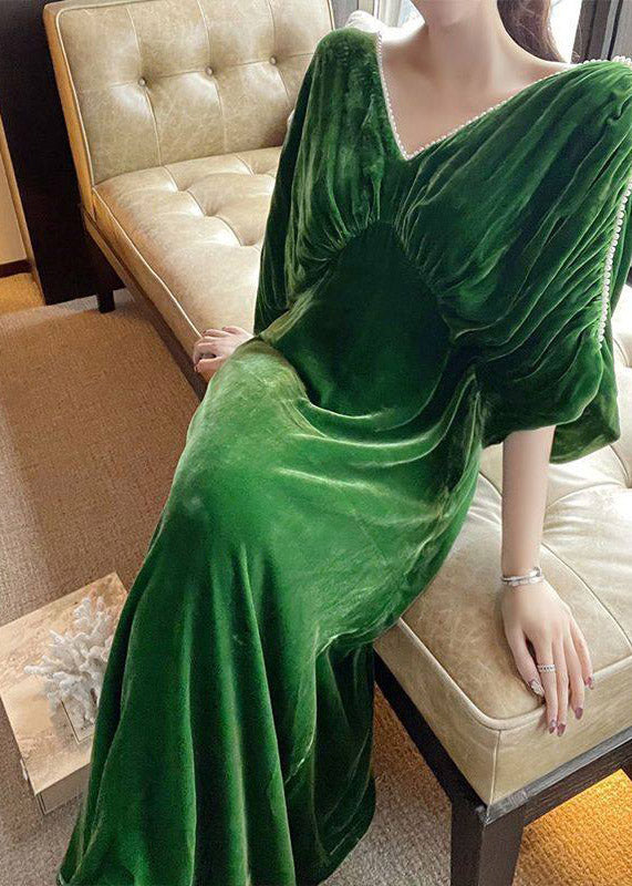 V-Neck Pearl Trim Dolman Sleeve Ruched Empire Waist Velvet Maxi Gown