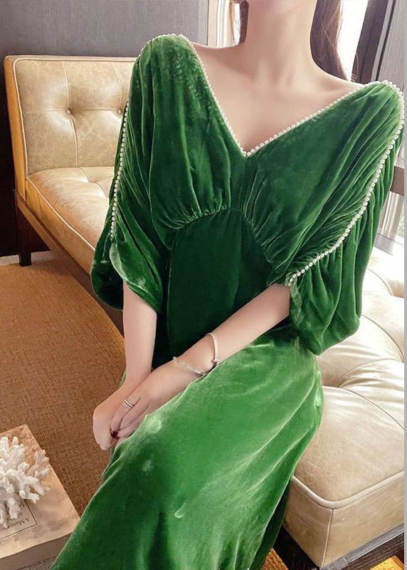 V-Neck Pearl Trim Dolman Sleeve Ruched Empire Waist Velvet Maxi Gown 2