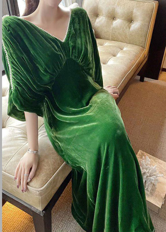 V-Neck Pearl Trim Dolman Sleeve Ruched Empire Waist Velvet Maxi Gown 3