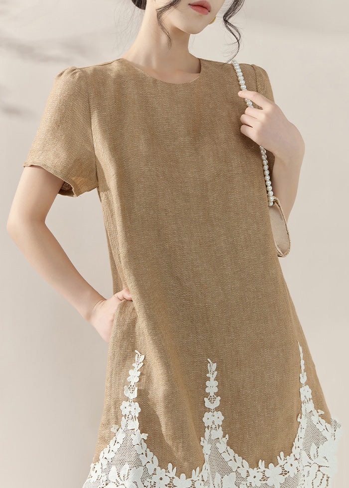 Crew Neck Lace Panel Scalloped Hem Linen Mini Shift Dress 2