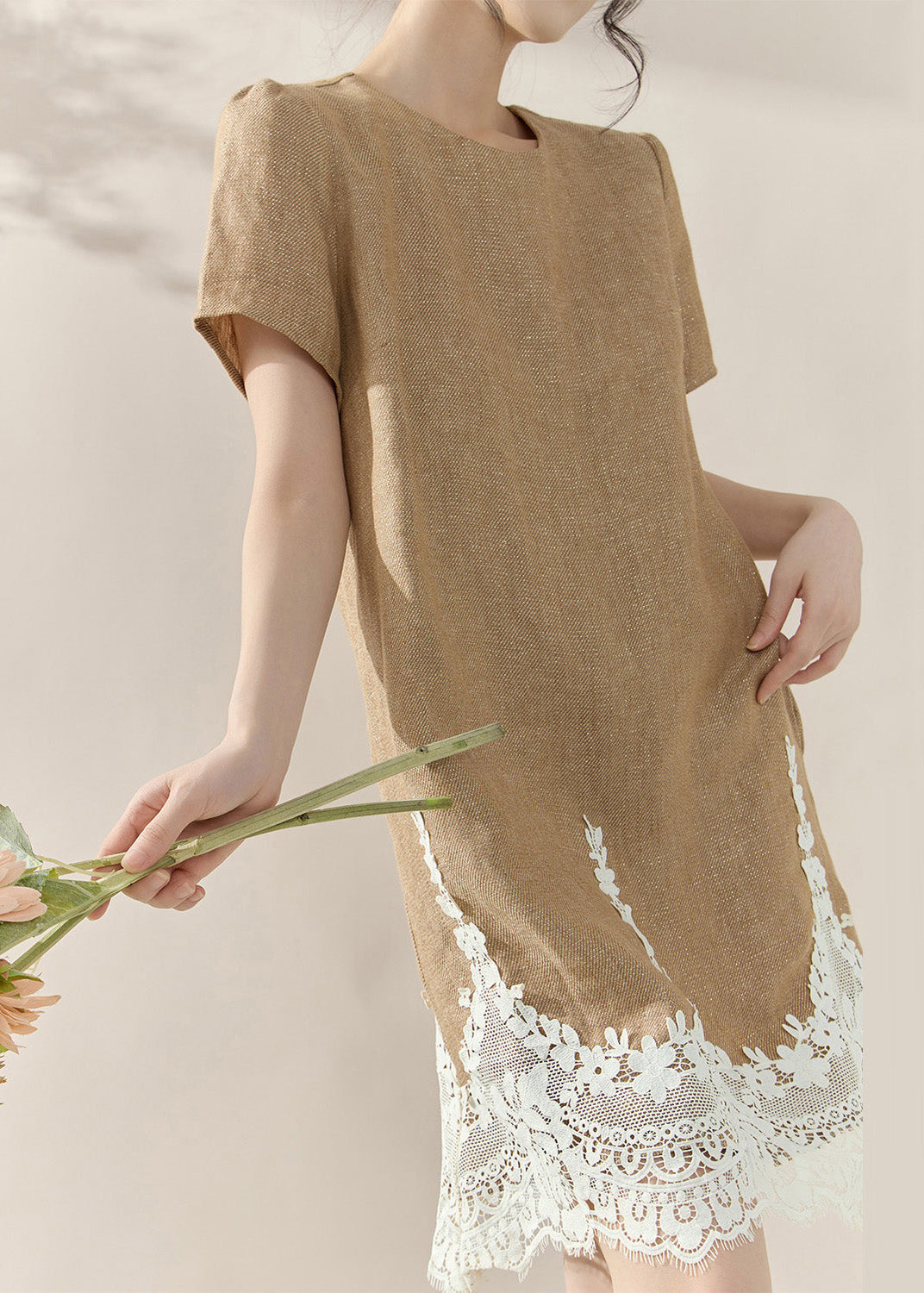 Crew Neck Lace Panel Scalloped Hem Linen Mini Shift Dress 3