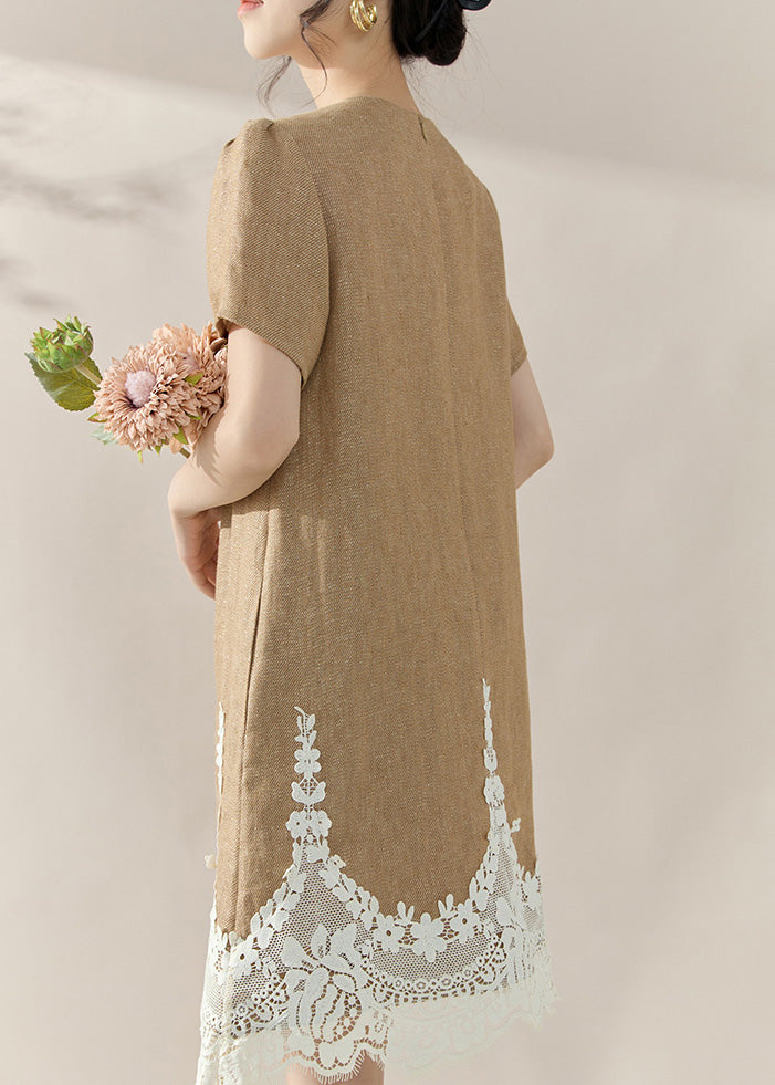 Crew Neck Lace Panel Scalloped Hem Linen Mini Shift Dress 5