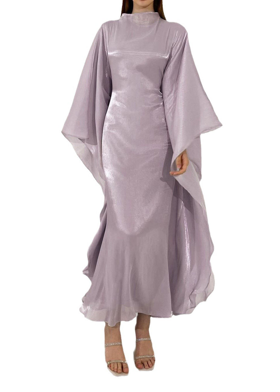 Mock Neck Cape Sleeve Iridescent Lettuce Hem Maxi Dress 5