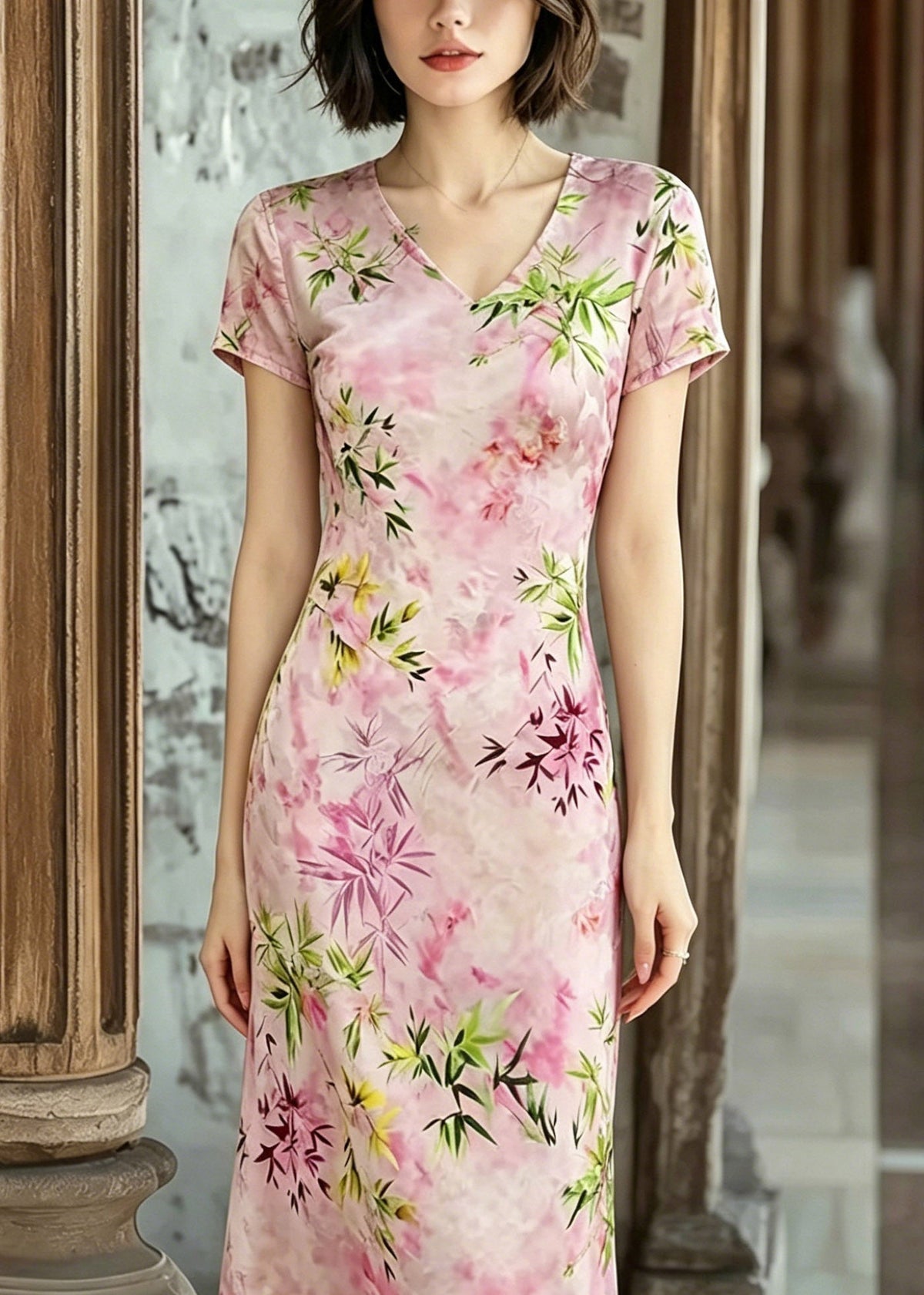 V-Neck Cap Sleeve Slim Fit Bamboo Floral Print Cheongsam Midi Dress 2