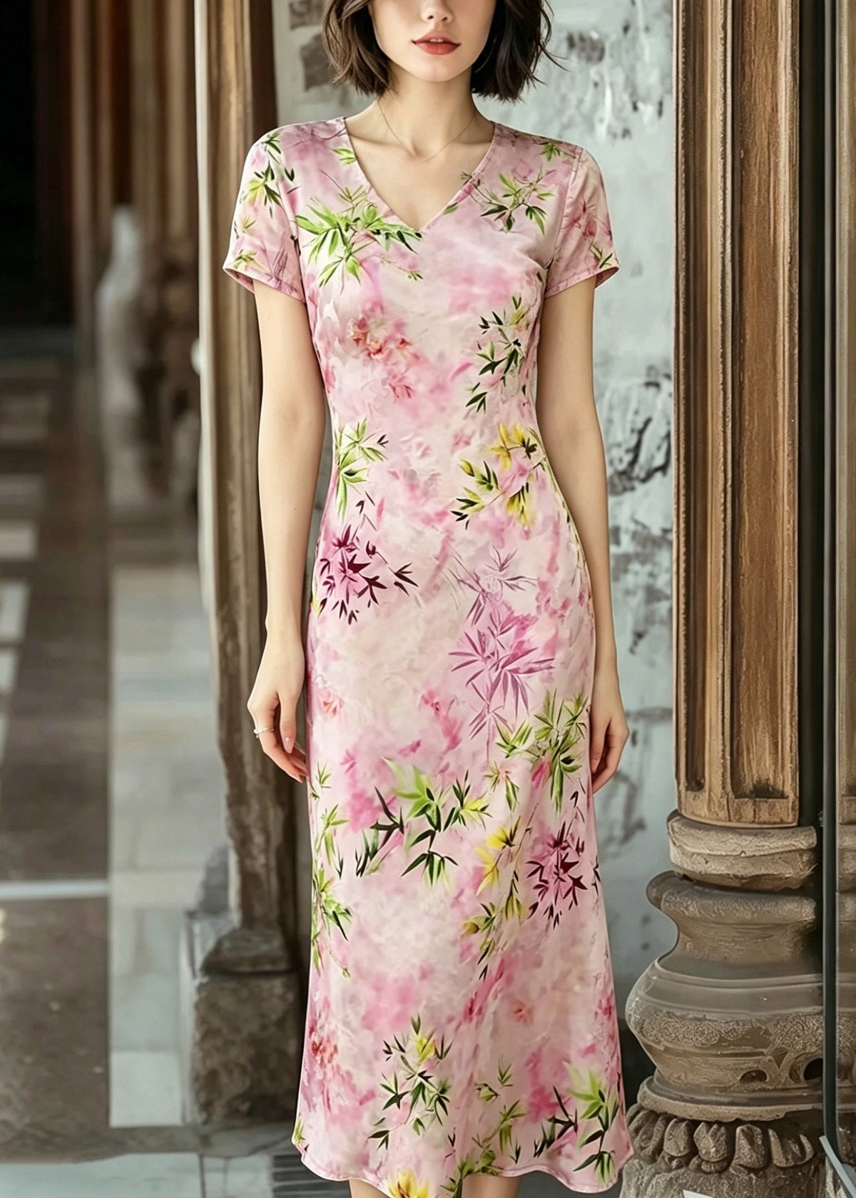 V-Neck Cap Sleeve Slim Fit Bamboo Floral Print Cheongsam Midi Dress 3