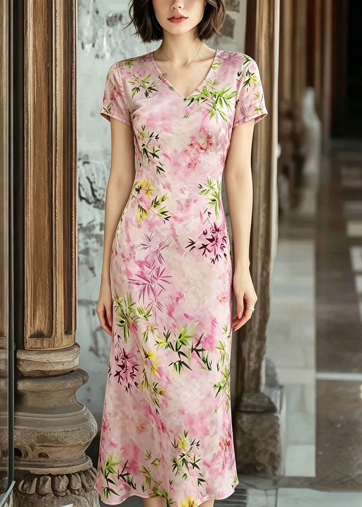 V-Neck Cap Sleeve Slim Fit Bamboo Floral Print Cheongsam Midi Dress 5