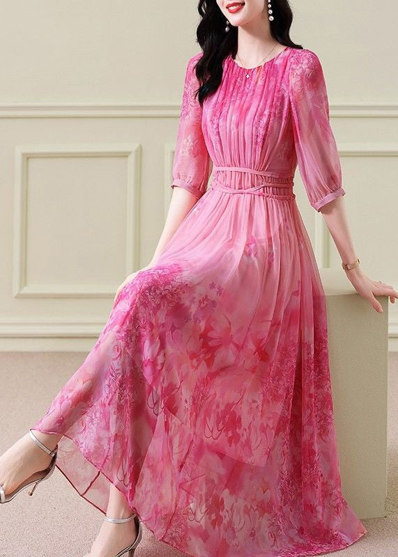 Crew Neck Three Quarter Sleeve Tie Waist Abstract Floral Chiffon Maxi Dress 2