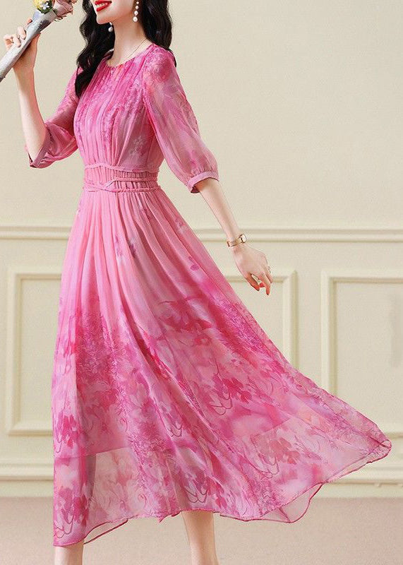 Crew Neck Three Quarter Sleeve Tie Waist Abstract Floral Chiffon Maxi Dress 3