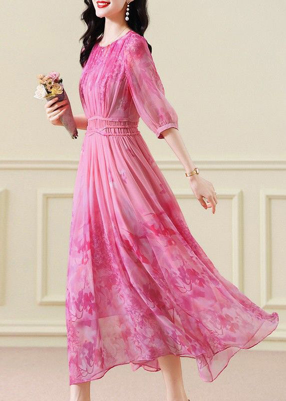 Crew Neck Three Quarter Sleeve Tie Waist Abstract Floral Chiffon Maxi Dress 4