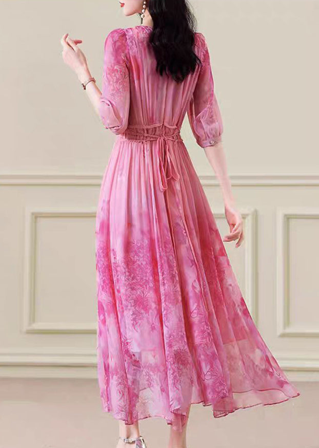 Crew Neck Three Quarter Sleeve Tie Waist Abstract Floral Chiffon Maxi Dress 5