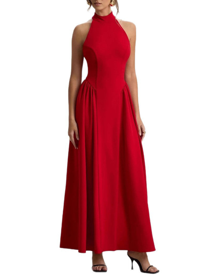 Mock Neck Halter Princess Seam Gathered Side Panel Floor-Length Gown 3