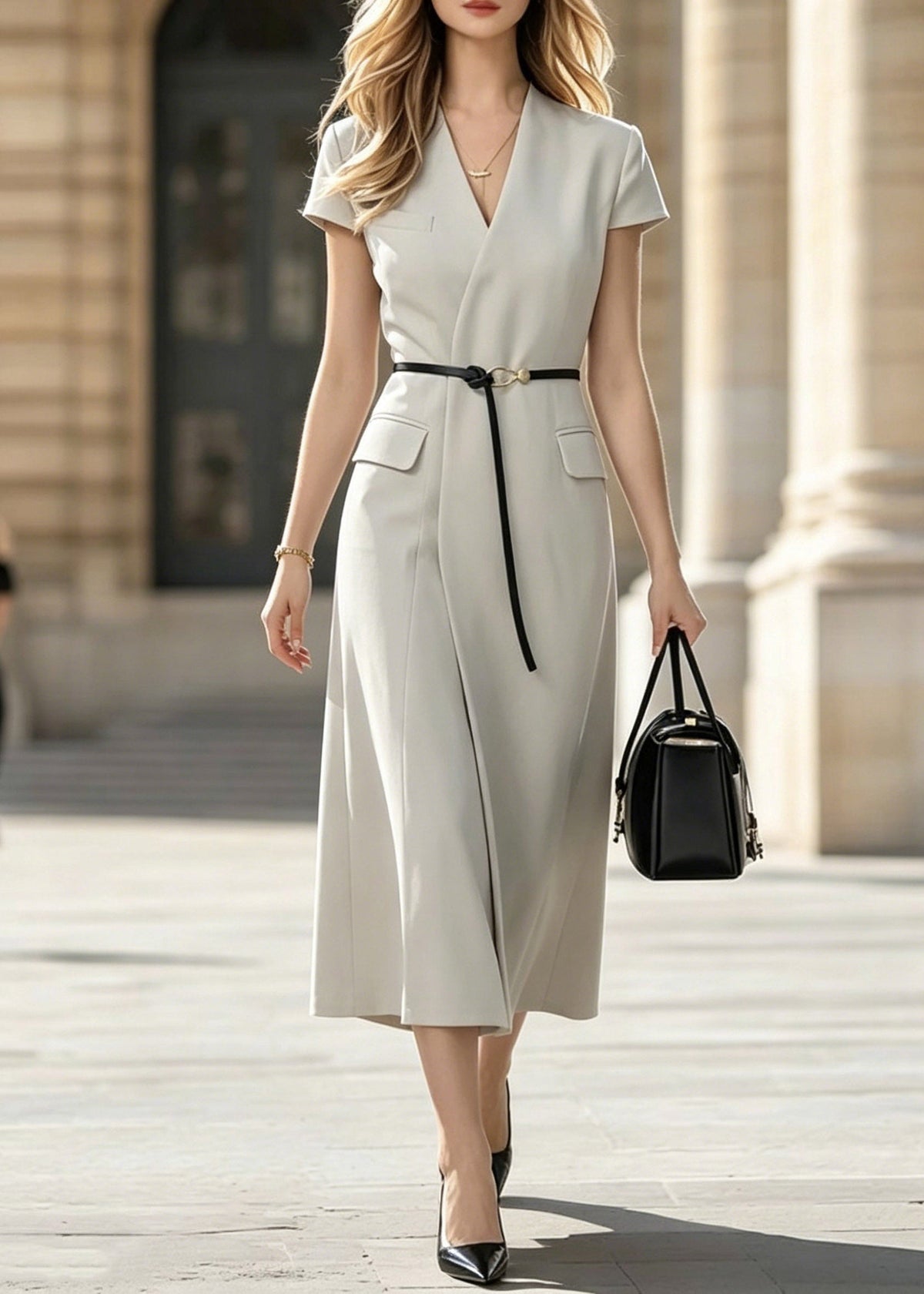V-Neck Wrap Blazer Pocket Detail Midi Dress 3