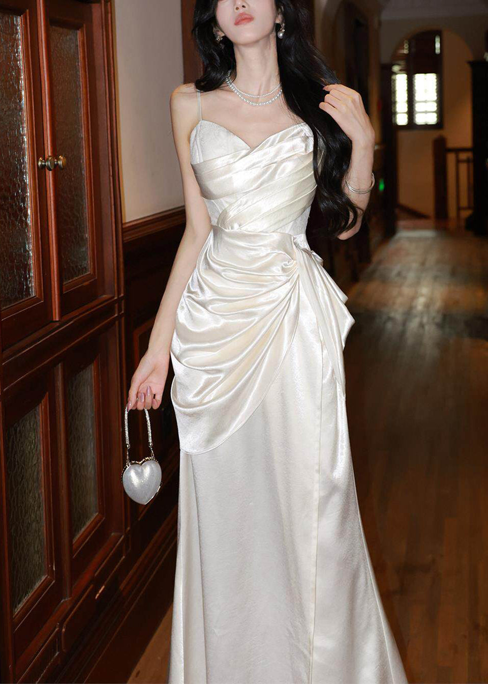 Ruched Draped Waist Spaghetti Strap Satin Maxi Gown 2