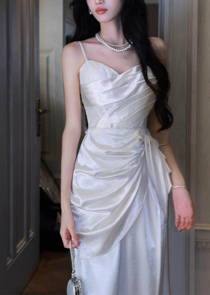 Ruched Draped Waist Spaghetti Strap Satin Maxi Gown 3