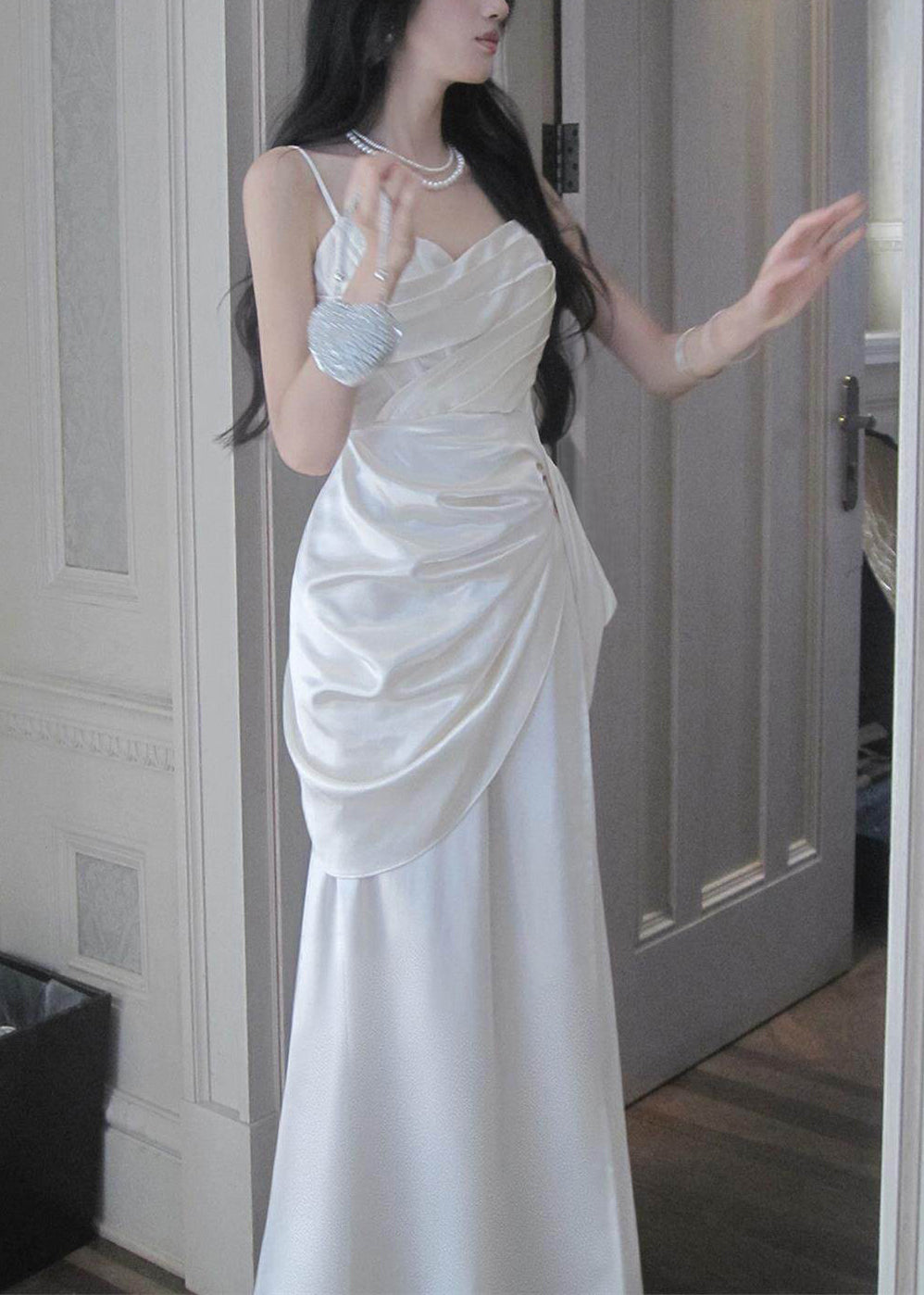 Ruched Draped Waist Spaghetti Strap Satin Maxi Gown 4