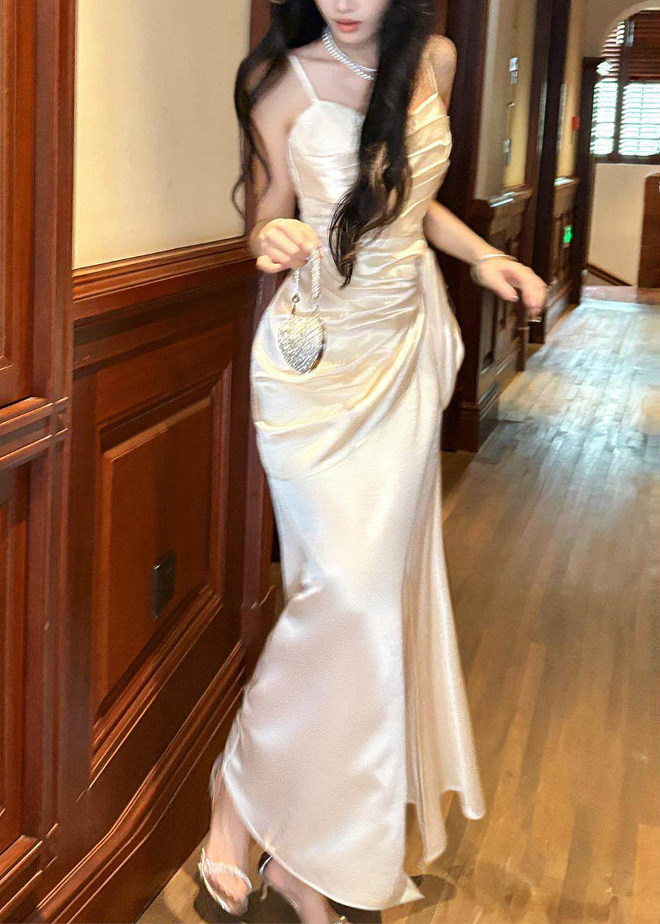 Ruched Draped Waist Spaghetti Strap Satin Maxi Gown 5