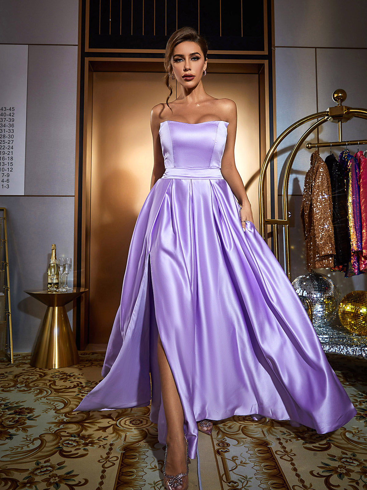 Strapless Bustier Band Pleated Satin High Slit Maxi Gown
