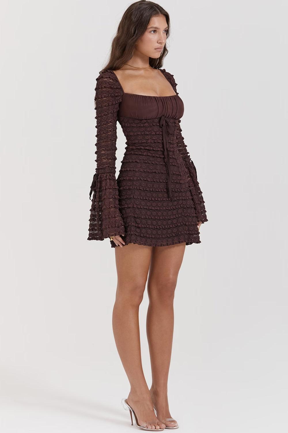 Tiered Lace Ruched Empire Waist Bell Cuff Long Sleeve Mini Dress 5