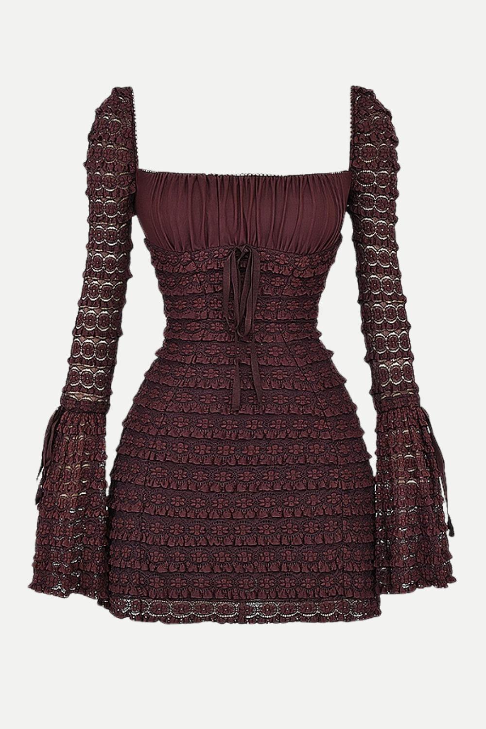 Tiered Lace Ruched Empire Waist Bell Cuff Long Sleeve Mini Dress 6