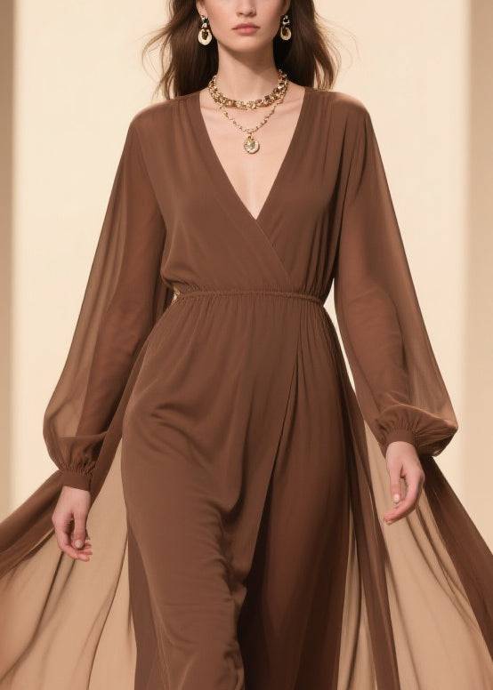 Deep V-Neck Lantern Sleeve Sheer Wrap High-Slit Maxi Gown 2