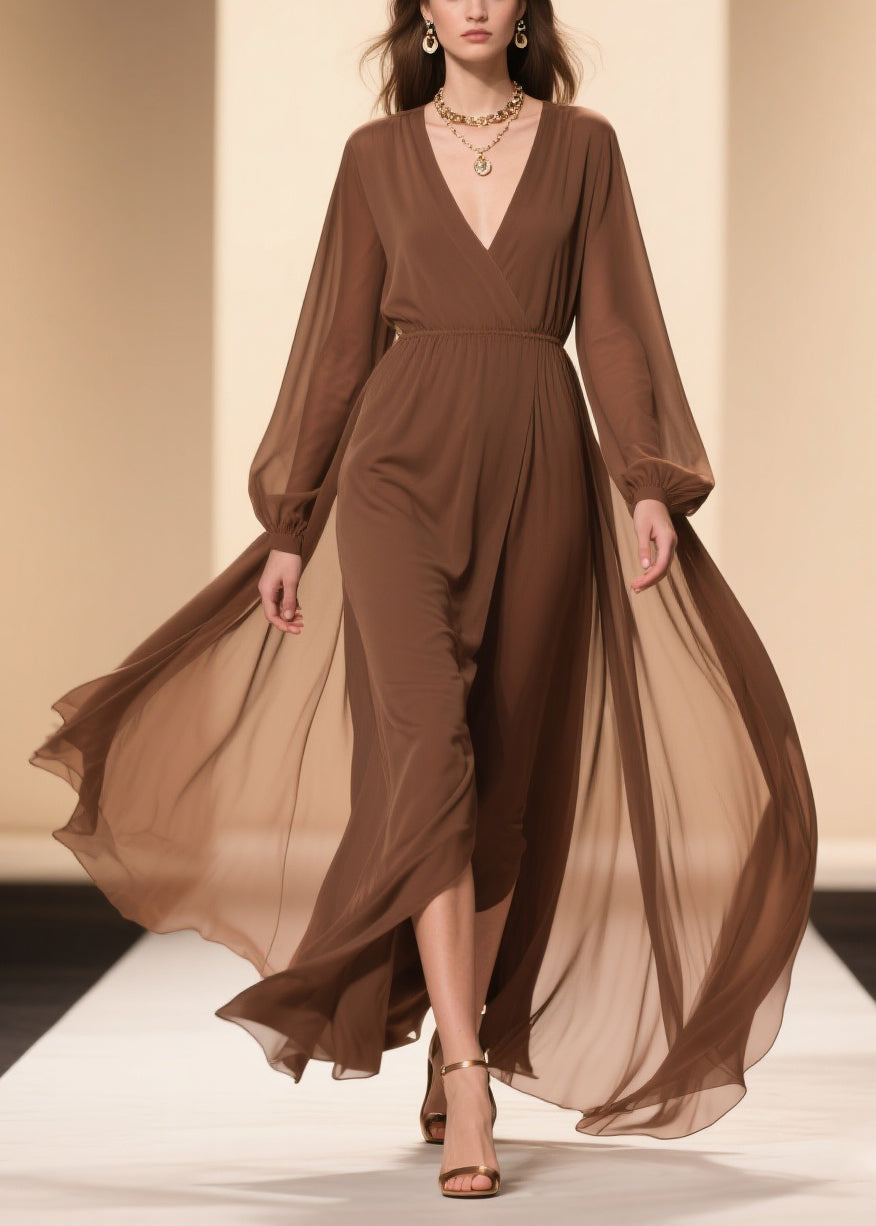 Deep V-Neck Lantern Sleeve Sheer Wrap High-Slit Maxi Gown 5