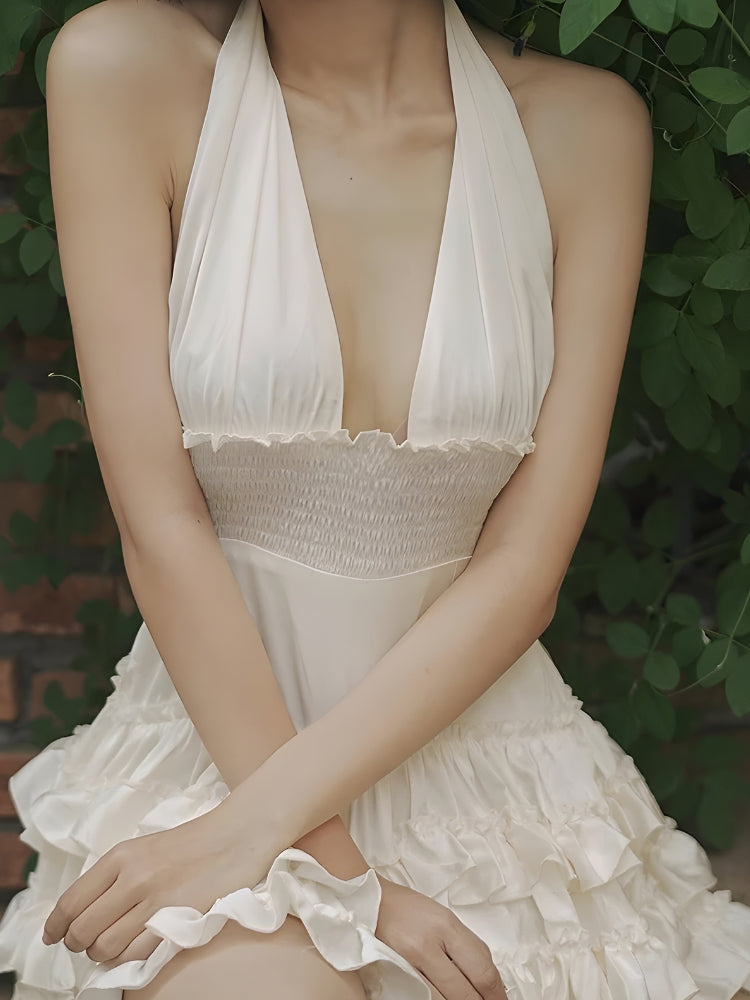 Halter Plunge V-Neck Smocked Waist Tiered Ruffle Skirted Swim Dress 5