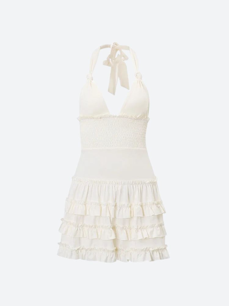 Halter Plunge V-Neck Smocked Waist Tiered Ruffle Skirted Swim Dress 6