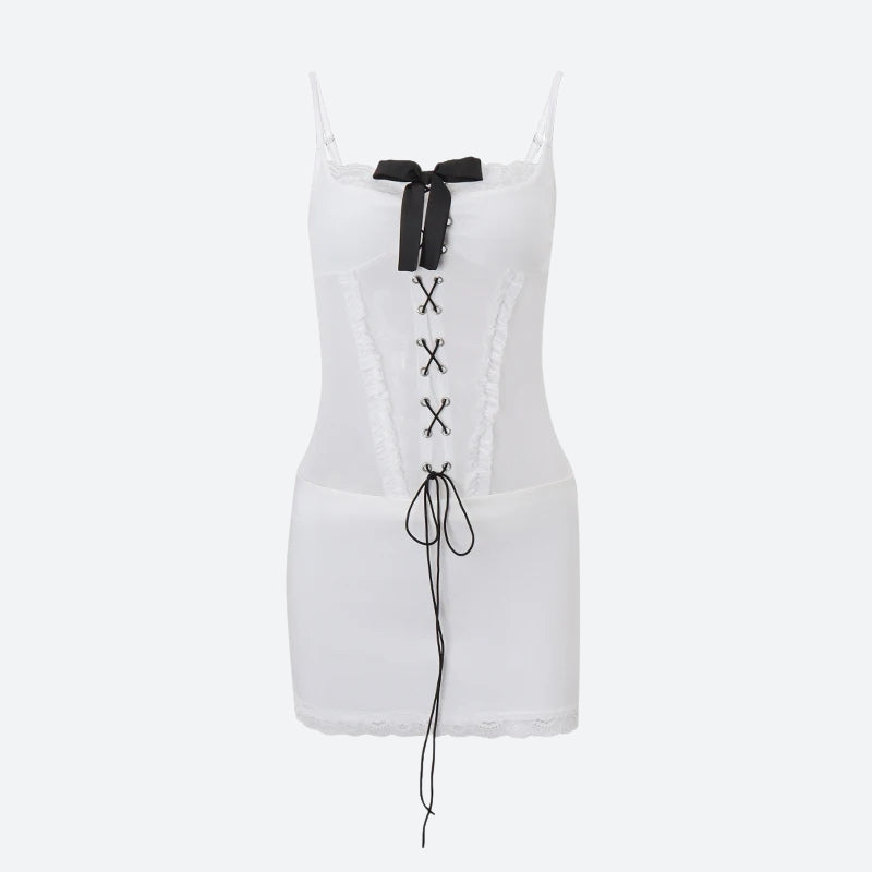 Lace-Up Corset Scoop Neck Ribbon Bow Lace Trim Mini Dress 5