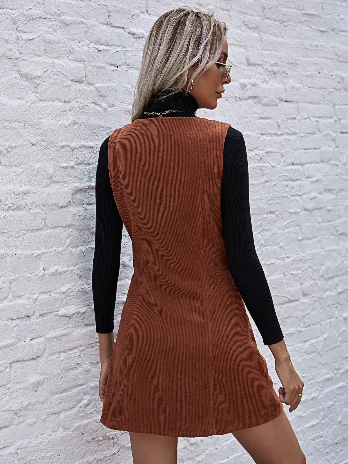 Button Front V Neck Corduroy Pinafore Mini Dress 3
