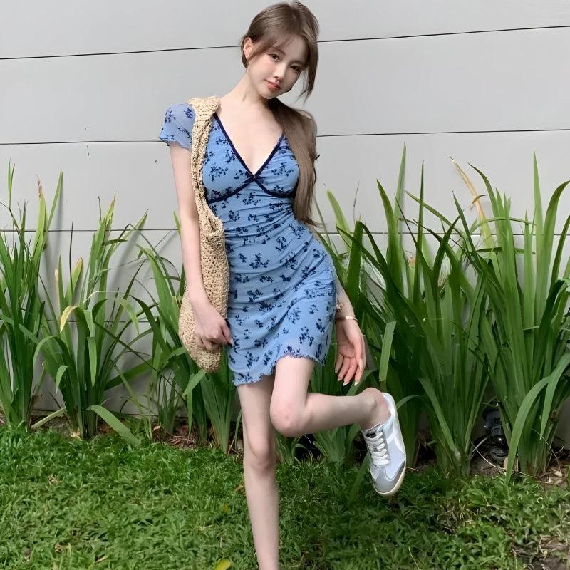 Floral Print Ruched V-Neck Lettuce Edge Cap Sleeve Bodycon Mini Dress