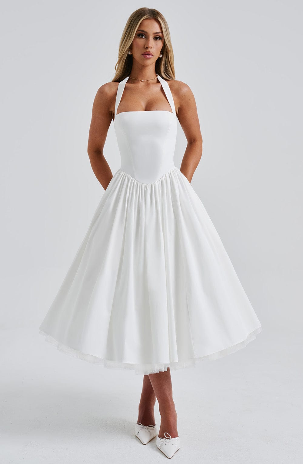Square Neck Halter Pleated Ball Skirt Tulle Hem Midi Dress