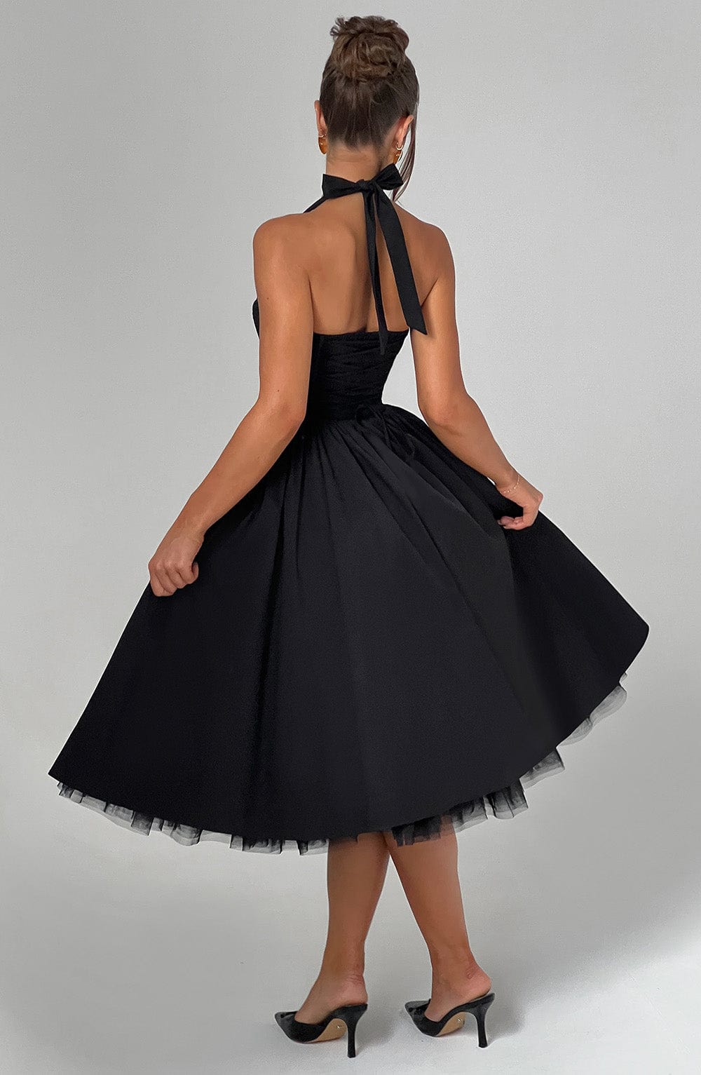 Square Neck Halter Pleated Ball Skirt Tulle Hem Midi Dress 10