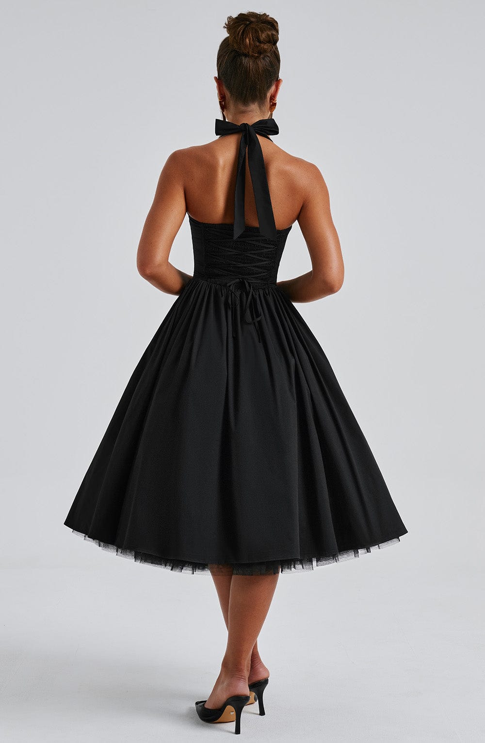 Square Neck Halter Pleated Ball Skirt Tulle Hem Midi Dress 11